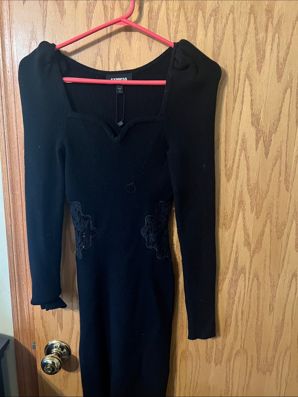 Express Black Long Sleeve Knit Midi Dress with Waist Lace Appliqué